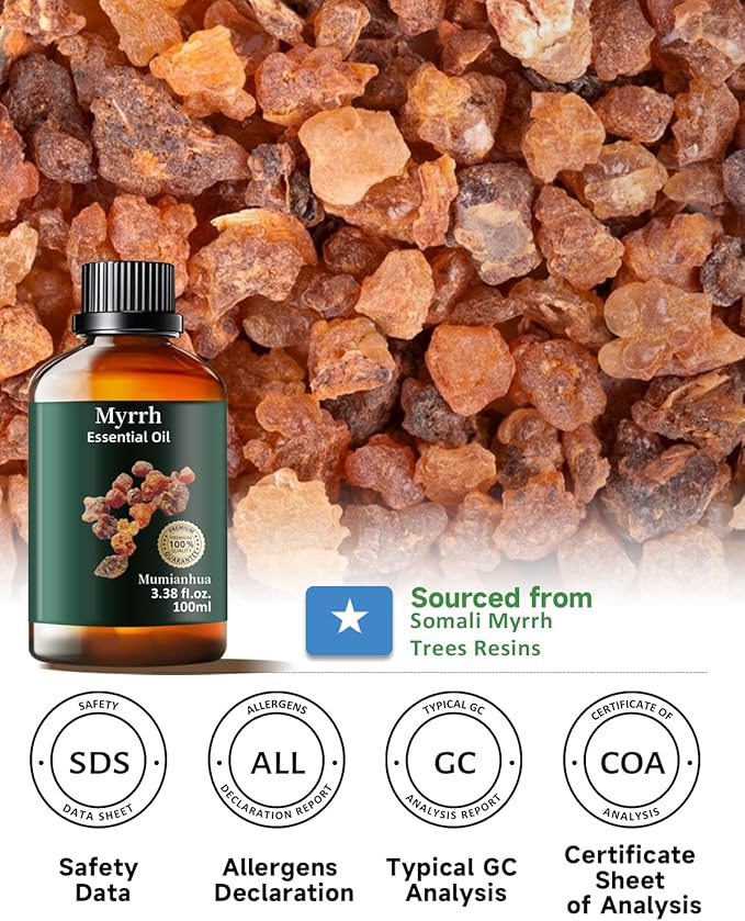 Pure Myrrh Essential Oil, Mumianhua Therapeutic Grade Natural Myrrh Oil for Skin Care, Aromatherapy, Beard Care, Earthy Candle Making, Cleaning Blends & Home Purifier 3.38 Fl Oz - Bloomnest