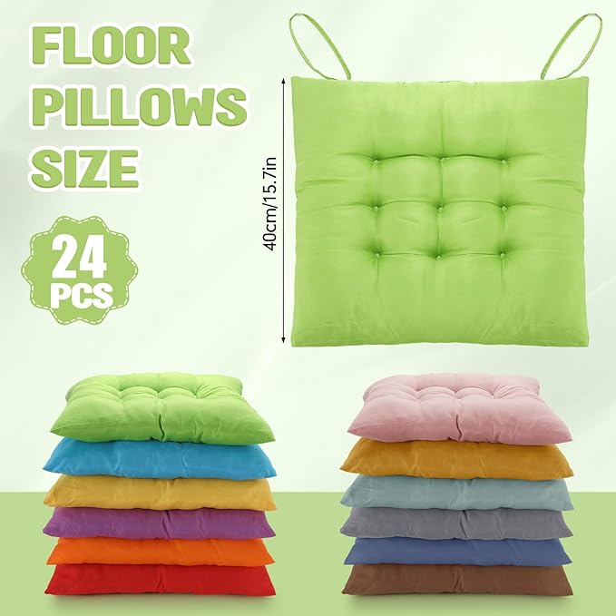 Geetery 24 Pcs Floor Pillows for Classroom Bulk Square Seating Cushions for Floor Chair School Kindergarten Reading Corner, 15.7'' Large Thick Meditation Cushions Yoga Nursery Daycare (Bright Color) - Bloomnest