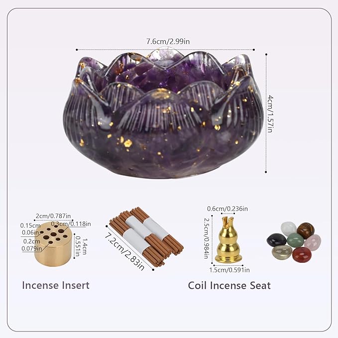 Crystal Lotus Incense Holder Set, Decorative Lotus Flower Decor Bowl 3.15x3.15x1.5 Inch, Incense Sticks Cones Holder with Ash Catcher (Purple)