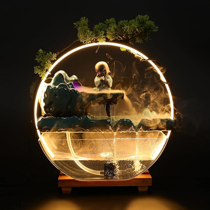 Backflow Incense Holder with Water Fountains and LED Light Indoor Water Fountains Tabletop Waterfall Fountains Desk Fountain for Feng Shui Wealth Boom with Mist for Home Office Bedroom (A) - Bloomnest