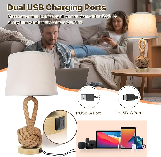 22" Rope Lamps for Night Stands, Bedside Lamps Set of 2, 3-Color Temperatures Boho Lamp with Rotary Switch, Table Lamps for Living Room Bedroom, Rattan Lamp with USB Ports, Bulbs Included - Bloomnest