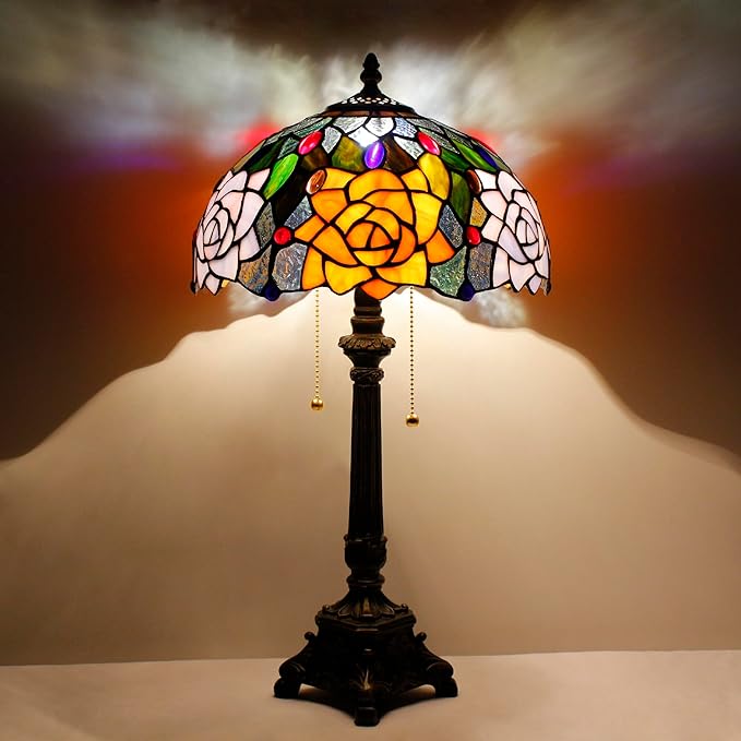 Tiffany Lamp Orange Rose Flower Style Stained Glass Table Lamp Desk Reading Light 12X12X21 Inches with Resin Base Decor Bedroom Living Room - Bloomnest