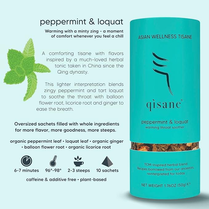 qìsane Organic Peppermint Tea Bags with Loquat Leaves - Whole Organic Peppermint Leaves, Loquat, Ginger & Balloon Flower Roots - Herbal Tea for Cough Support & Easy Breathing - 10 sachets (~30 cups) - Bloomnest
