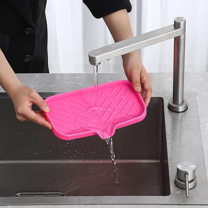 Silicone Bathroom Soap Dishes with Drain Spout-Bathroom and Kitchen Sink Organizer,Sponge Holder,Dish Soap Tray,Perfect for Dispenser,Scrubber,Bottle,Cup on Sink or Counter-Rose 9.6"×5.3" - Bloomnest