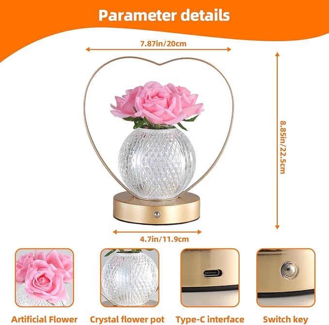 Roses Flower Touch Lamp,Rechargeable Cordless 3-Color Dimmable Small Night Light for Festival,Living Room,Dining Room,Bedroom Home Decor Birthday Gifts for Women - Bloomnest
