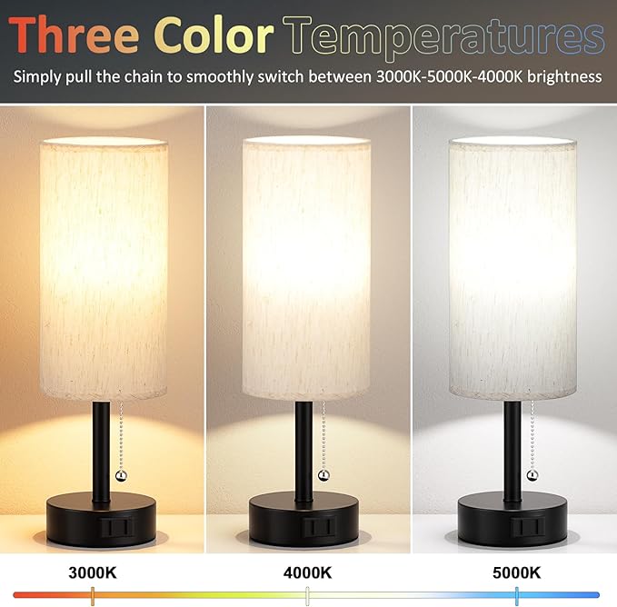 Fenmzee Bedside Table Lamp for Nightstand - 3 Color Temperatures Pull Chain Lamp with AC Outlet Charging Port, Round Night Stand Light for Bedroom Living Room, Small Bed Side Light with E26 LED Bulb - Bloomnest
