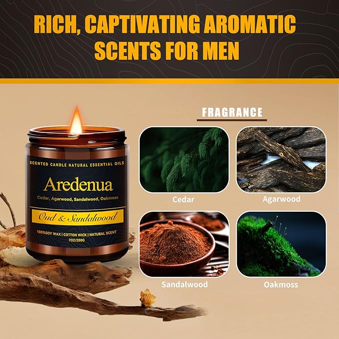 Oud & Sandalwood Candle – Scented Candles for Men & Women, 7oz Soy Candles for Home Scented - 50H Long Lasting Clean Burn, Aromatherapy Candle for Relaxation & Home, Warm Woody Fragrance Gift - Bloomnest