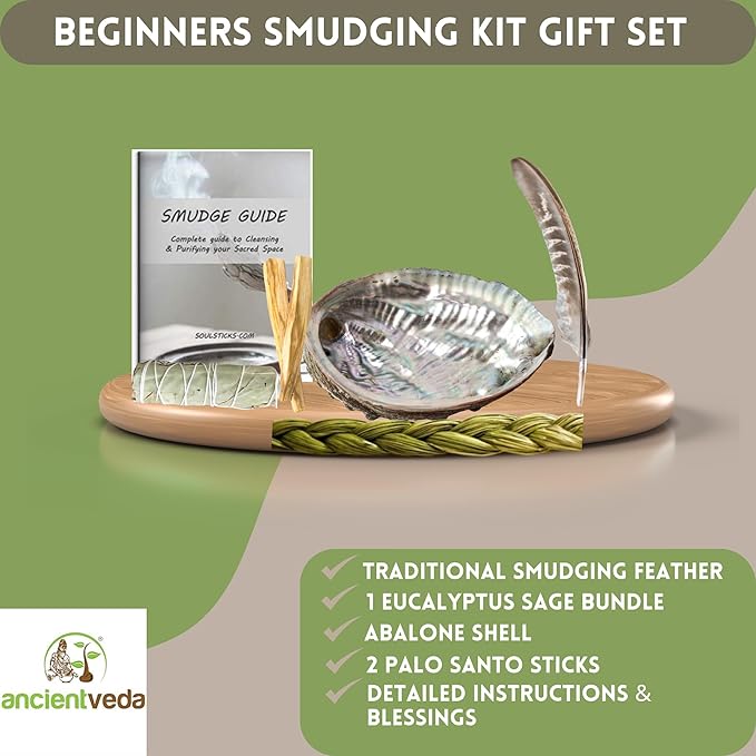 Ancient VEDA Healer's Kit: Complete Sage Smudge Kit Bundle w/Abalone Shell, Palo Santo, Sweetgrass, Turkey Feather & Guidebook – Spiritual and Energy Cleansing, Ritual Supplies, Smudging Essentials AncientVeda