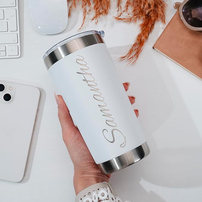 Personalized Tumbler with Engraved Name - 12 Designs, 20 Oz Coffee Tumbler with Slider Lid, White, Double Wall Insulated - Custom Gifts for Women - Bloomnest