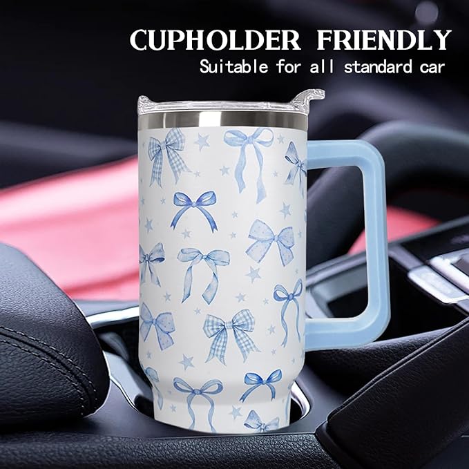 Ceovfoi 40 Oz Blue Bow Tumbler With Handle, Blue Bow Decor Coffee Travel Mug Cup Water Bottle, Gifts for Women Girls - Bloomnest