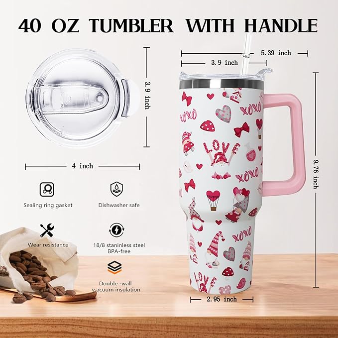 Ceovfoi Gnome Love 40 Oz Valentine Tumbler With Handle, Valentine's Gifts for Wife, Girlfriend, Bride - Bloomnest