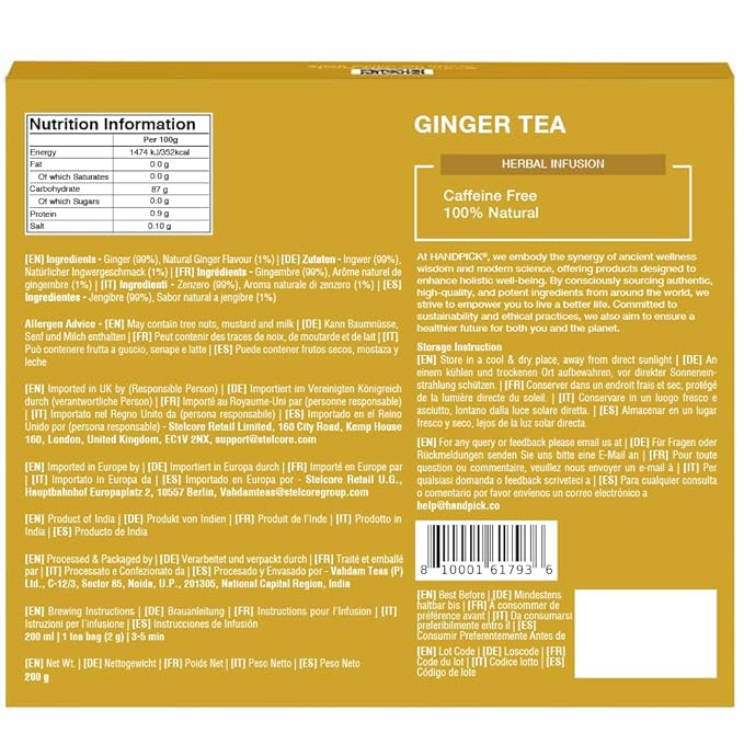 HANDPICK, Ginger Tea Bags (100 Herbal Tea Bags), Authentic Indian Origin, Caffeine Free & 100% Pure Ginger Root |Soothing & Spicy Blend | Round Eco Conscious Teabags - Bloomnest