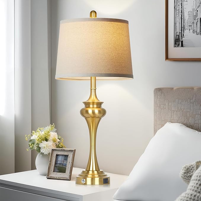 30" Gold Tall Table Lamps for Living Room, Touch Control Modern Bedroom Table Lamp with USB A+C Ports, 3-Way Bedside Lamps Set of 2, Elegant Metal Lamp for Night Stand Desk Side Table Office - Bloomnest