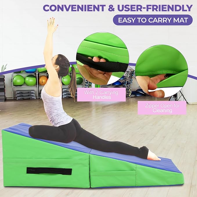 Gymnastics Mat Incline Tumbling Mats yoga mat for Home Gym, Folding Exercise Mat with Non-Slip PU Surface & Handles, Cheese Wedge Mat - Bloomnest
