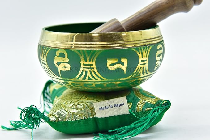 3.75" Tibetan Meditation Yoga Singing Bowl Green Set with free Wooden Mallet and Silk Cushion from Nepal, Singing bowls. (Green) - Bloomnest