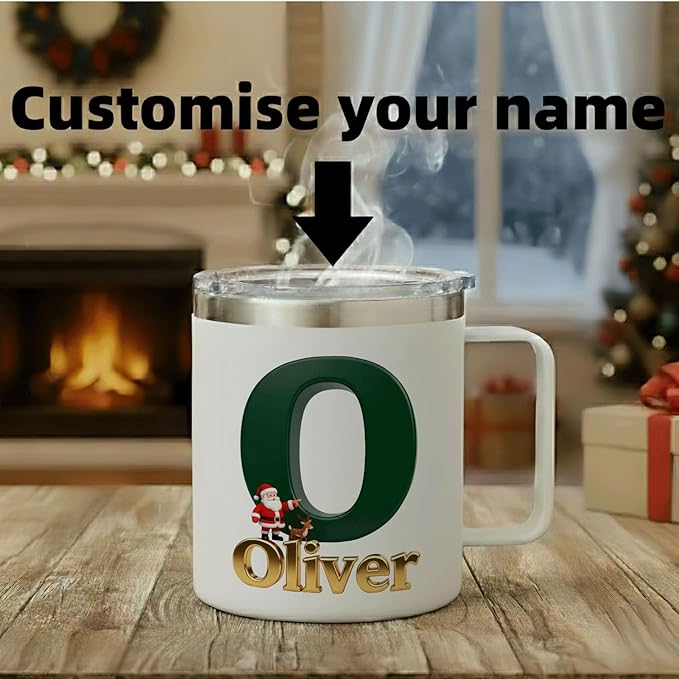 Personalized Christmas Insulated Coffee Mug with Handle – Custom Dark Green Initial Letter [C] Double Wall Stainless Steel Travel Tumbler for Drinks – Unique Holiday Gift for Men, Women, & Kids(B118) - Bloomnest