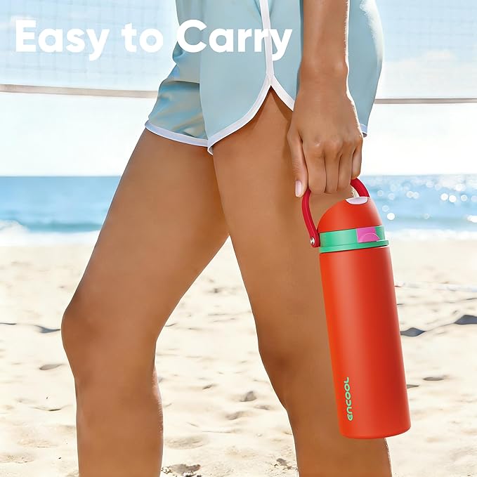 Insulated Water Bottle with Straw - Encool Stainless Steel Water Bottle with Push Button Lid, Leak-Proof & BPA-Free, Keeps Cold for 24 Hours for Sports, Travel, Gym (24 oz, Grapefruit Red) ENCOOL