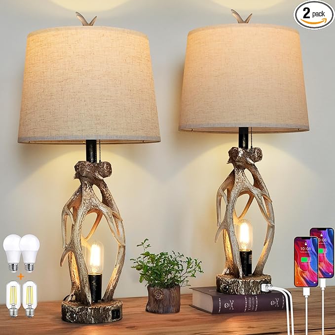 28" Touch Rustic Antler Table Lamps Set of 2 for Bedroom, 3 Way Dimmable Farmhouse Nightstand Lamps with USB + Type C Ports, Bedside Deer Lamp for Living Room End Table Cabin Decor (Included 4 Bulbs) - Bloomnest