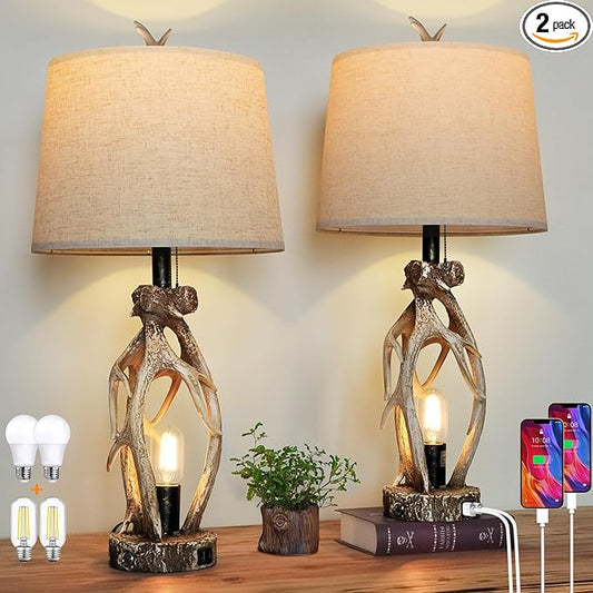 28" Touch Rustic Antler Table Lamps Set of 2 for Bedroom, 3 Way Dimmable Farmhouse Nightstand Lamps with USB + Type C Ports, Bedside Deer Lamp for Living Room End Table Cabin Decor (Included 4 Bulbs) - Bloomnest