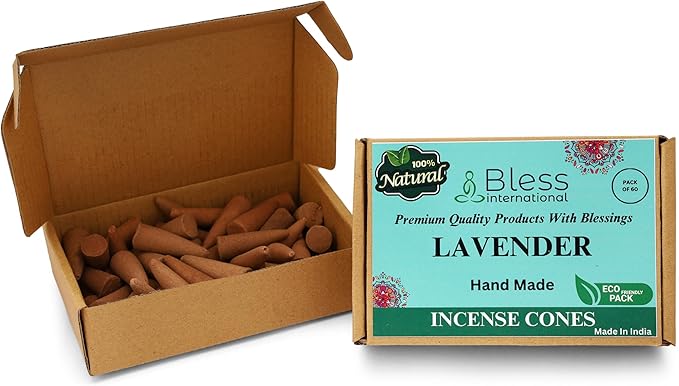 Bless International Lavender 100%-Natural-Incense-Cones Handmade-Hand-Dipped Organic-Chemicals-Free for-Purification-Relaxation-Positivity-Yoga-Meditation The-Best-scents (60 Count)
