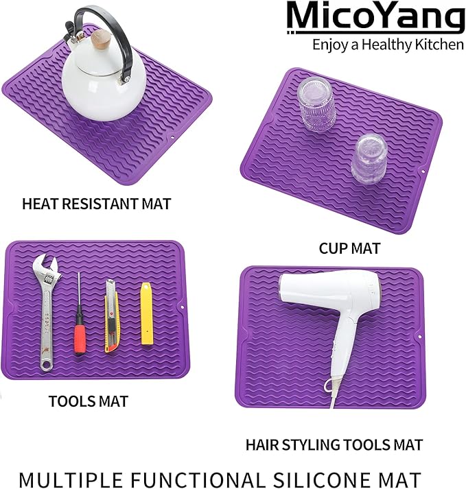 Silicone Dish Drying Mat for Multiple Usage,Easy clean,Eco-friendly,Heat-resistant Silicone Mat for Kitchen Counter or Sink,Refrigerator or drawer liner Purple L 16 inches x 12 inches - Bloomnest