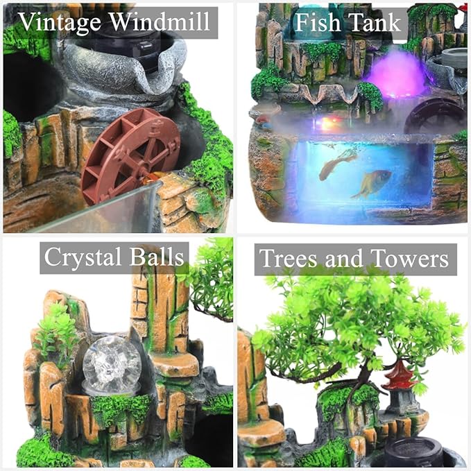 Atomizing Rockery Water Fountain Desktop Chinese Fengshui Tabletop Fountain Plants, Desktop Fountains, Atomizing Humidifier Fountain LED Lamp Waterfall for Home Office Bedroom Desk Decoration