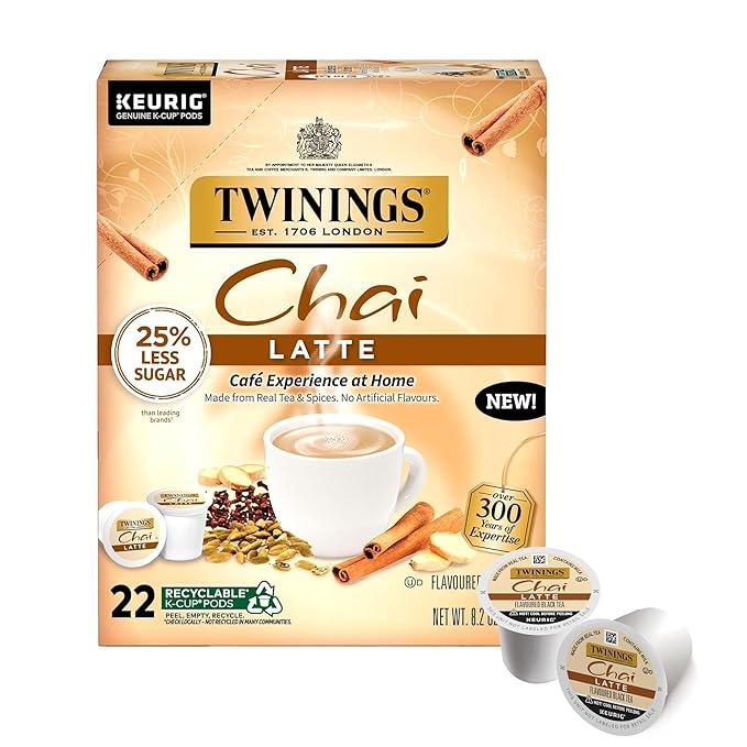 Twinings Chai Latte Black Tea K-Cup Pods for Keurig, 22 Count (Pack of 1), Creamy, Slightly Sweet, Less Sugar, Caffeinated, Enjoy Hot or Iced - Bloomnest
