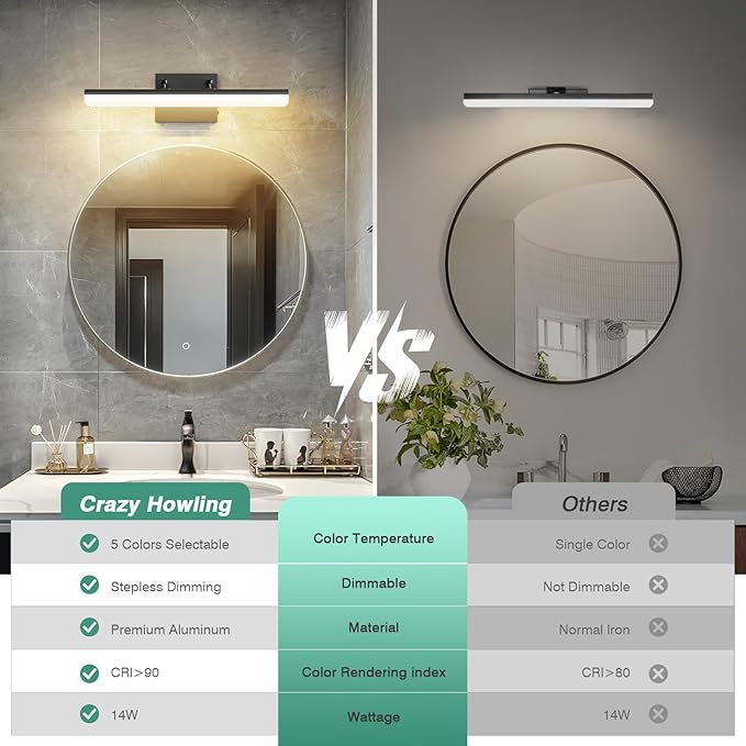 15.7" Black LED Bathroom Vanity Light 5CCT–Dimmable Wall Mount Fixture with Adjustable Angle, Modern Lighting for Powder Room, Vanity Mirror Home & Apartment Use - Bloomnest