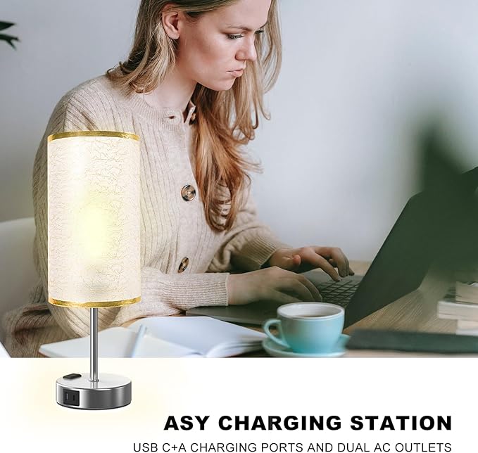Table Lamp for Bedroom with Touch Control,Bedside Lamp with USB C+A Charging Ports& AC Outlets, Adjustable 3color LED Light for Home Decor/Nightstand/Bedroom/Office,Included Bulb and Fabric Lamp Shade - Bloomnest