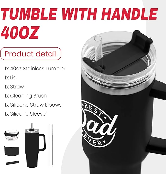 SANDJEST Best Dad Ever Tumbler with Handle - 40oz Stainless Steel Insulated - Dad Gifts for Daughter & Son - Coffee Tumbler for Father's Day, Birthday, Christmas - Cup Gift Set with Lid & Straw - Bloomnest