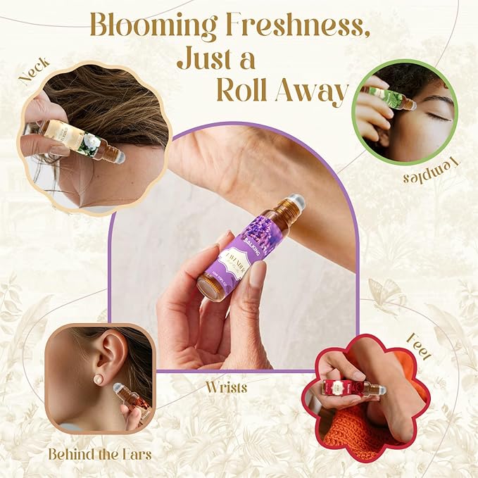 SALKING Essential Oils Roll On Set (6 Pack), Aromatherapy Oil with Roller Ball for Skin Use, Natural Fragrance Gift for Women and Men - Sandalwood, Eucalyptus, Peppermint, Lavender, Rose, Gardenia - Bloomnest