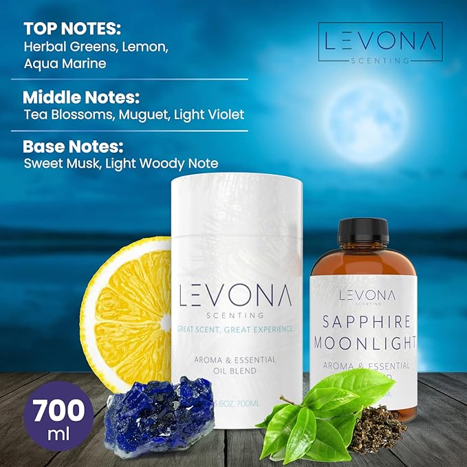 LEVONA Scent 100% Pure Essential Oils for Diffusers and Humidifier, 700ml Aromatherapy Scented Oils Perfect for Sleep, Relaxation and Stress Relief, Made in USA (Sapphire-Moonlight, 700ml) LEVONASCENT