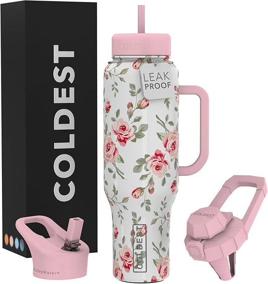 Coldest Tumbler with Handle and Straw - 100% Leak Proof Insulated Tumbler with Lid and Straw (3 Lids) - Stainless Steel Tumblers for Women & Men - Cup Holder Friendly Base, 46 oz (Pink Petals) - Bloomnest