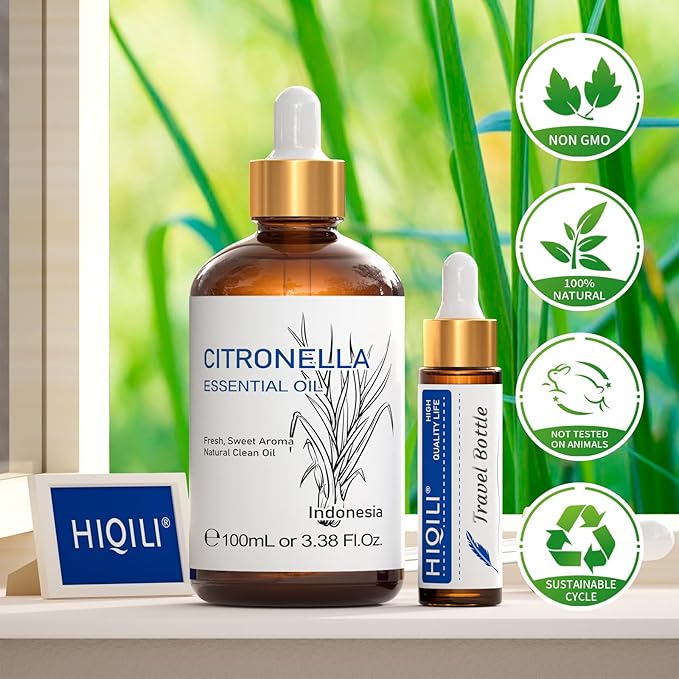HIQILI 100ML Citronella Oil for Homemade Sprays, Add to Diffuser, 100% Pure and Natural Undiluted 3.38 Fl Oz - Bloomnest