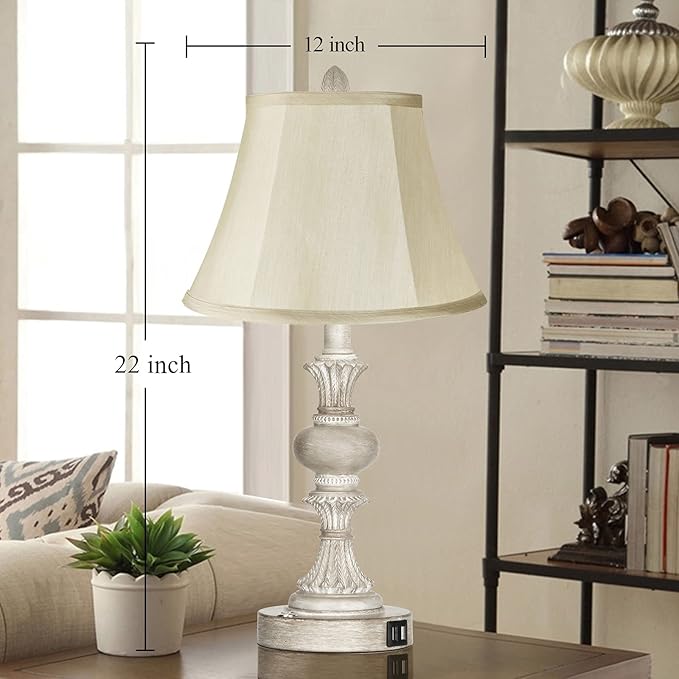 PARTPHONER Touch Control Table Lamp Set of 2, 3-Way Dimmable Bedside Nightstand Lamp with 2 USB Charging Ports, Rustic Farmhouse Desk Lamp with Faux Silk Shade for Living Room, Bedroom - Washed White - Bloomnest
