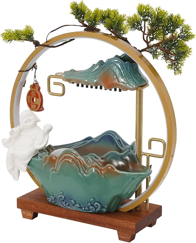 Tabletop Water Fountains, Indoor Water Fall with LED Light Zen Decor for Meditation with Mist, Japanese Decor with Fake Plants Feng Shui Decor for Good Luck Wealth - Bloomnest
