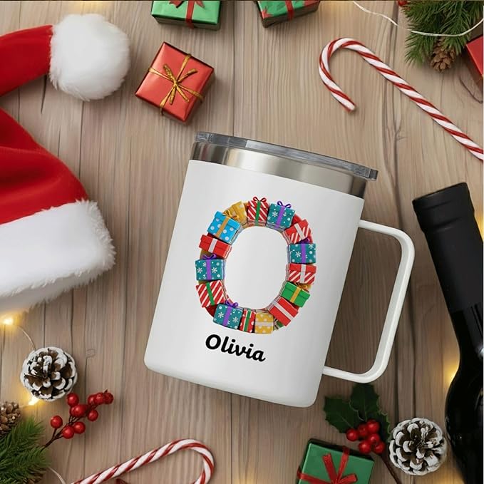 Personalized Christmas Mug with Name, 12oz Insulated Coffee Tumbler with Handle, Custom Present Wreath Initial Cup, Festive Holiday Xmas Gift for Women, Her, Mom(B04) - Bloomnest