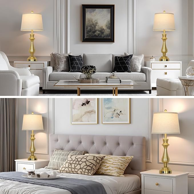Modern Gold Table Lamps Set of 2 for Living Room,30" Tall Bedside Lamp with USB Charging Port,3-Way Dimmable Touch Nightstand Lamp for Bedroom Desk Side Table Office,Gold - Bloomnest