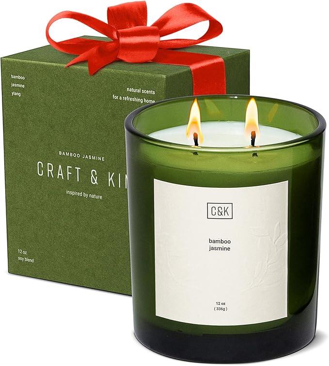 Craft & Kin 12oz Bamboo Jasmine Christmas Candle for Home | Premium Green Scented Candles for Men | Winter Candles Made with Natural Soy | Holiday Candle Gifts for Men and Women | Nature Collection - Bloomnest