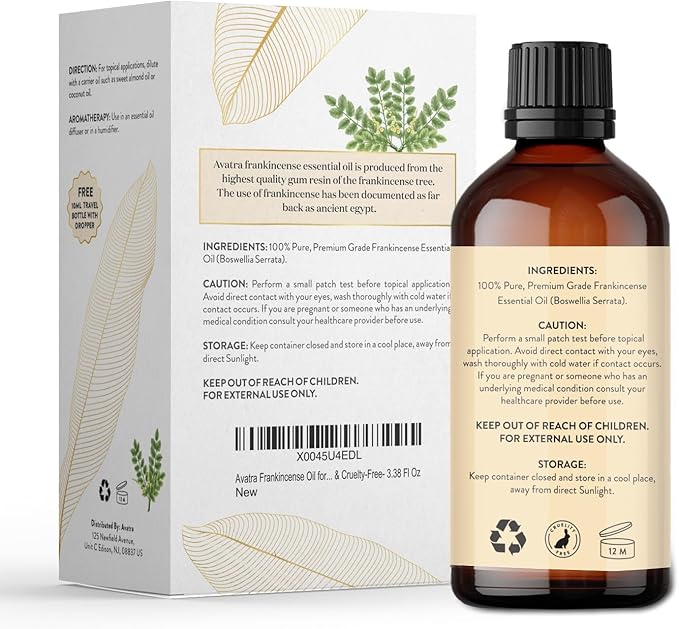 Avatra Frankincense Essential Oil 100ML (3.38 OZ) with Glass Dropper and Travel Bottle, Pure and Natural Therapeutic Grade Frankincense Oil for Diffuser, Aromatherapy, Massage, and DIY Candle Products - Bloomnest