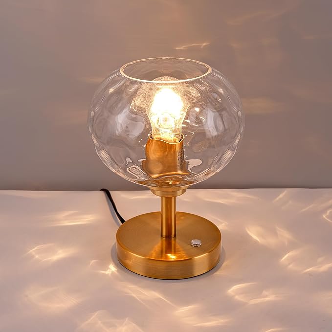 Touch Control Hammered Glass Table Lamp Brass Gold Portable Dimmable Brightness Small Nightstand Light 3-Way Stepless Dimming Bedside Bedroom Living Room (Clear Glass & Gold) - Bloomnest