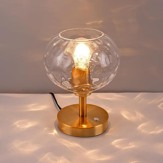 Touch Control Hammered Glass Table Lamp Brass Gold Portable Dimmable Brightness Small Nightstand Light 3-Way Stepless Dimming Bedside Bedroom Living Room (Clear Glass & Gold) - Bloomnest