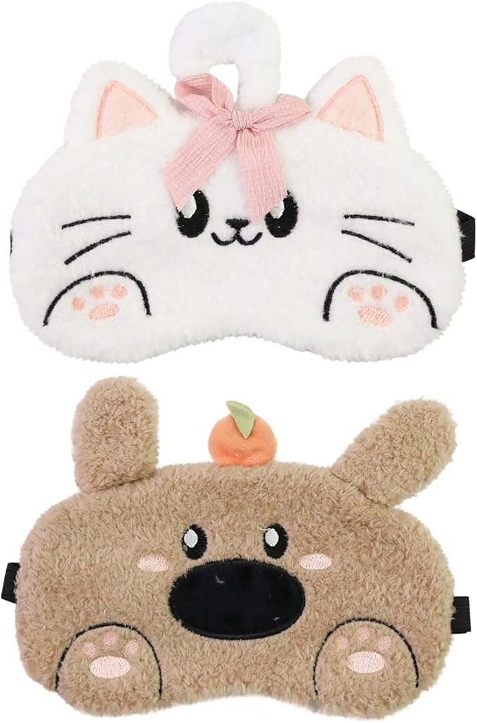 Cute Sleeping Mask, Cat Soft Plush Fluffy Sleep Mask Funny Cartoon Kittens Dog Blindfold Novelty Eye Cover Eyeshade Shade for Kids Girls and Adult Travel (White+Brown) - Bloomnest