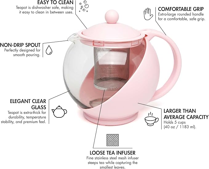 Primula Half Moon Teapot with Removable Infuser, Glass Tea Maker with Reusable Fine Mesh Stainless Steel Filter, Dishwasher Safe, 40-Ounce, Pink