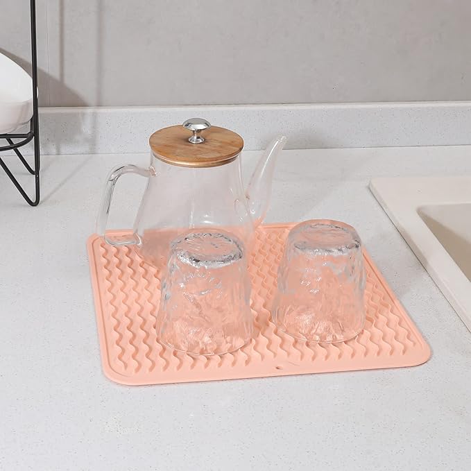Silicone Dish Drying Mat for Multiple Usage,Easy clean,Eco-friendly,Heat-resistant Silicone Mat for Kitchen Counter or Sink,Refrigerator or Drawer liner Pink M 12 inches x 12 inches - Bloomnest