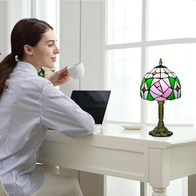 Pink Rose Tiffany Lamp, 8 Inch Small Stained Glass Lamp for Bedside, Bedroom, Living Room - Bloomnest