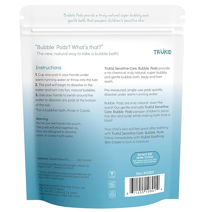 TruKid Bubble Podz Bubble Bath for Kids, Toddlers, & Babies, NEA-Accepted for Eczema, Gentle Refreshing Colloidal Oatmeal Bath Bomb for Sensitive Skin, pH Balanced, Tear Free, Unscented (60 Podz) - Bloomnest