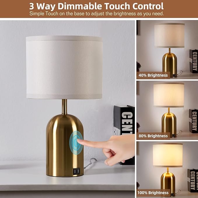 GyroVu Touch Control Table Lamps Set of 2, Gold Bedside Table Lamps for Bedroom Living Room Office, Modern 3 Way Dimmable Desk Lamp for Nightstand with 2 USB Charging Ports, 2 Bulbs Included - Bloomnest