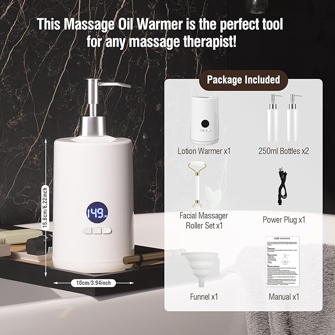 Massage Oil Lotion Warmer, Massage Oil Heater for SPA Massage Therapy and Personal Use, Portable Body Oil Warmer Dispenser with Two Massage Bottles, Adjustable Temperature(86-149°F), White - Bloomnest
