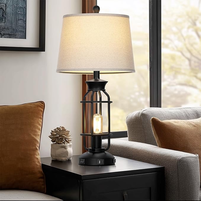 28" Vintage Table Lamps with USB C+A Ports & AC Outlet, Industrial Farmhouse Table Lamp Set of 2, Black Modern Nightstand Beside Lamps with 2 Night Light for Living Room Bedroom(4 LED Bulbs Included) - Bloomnest